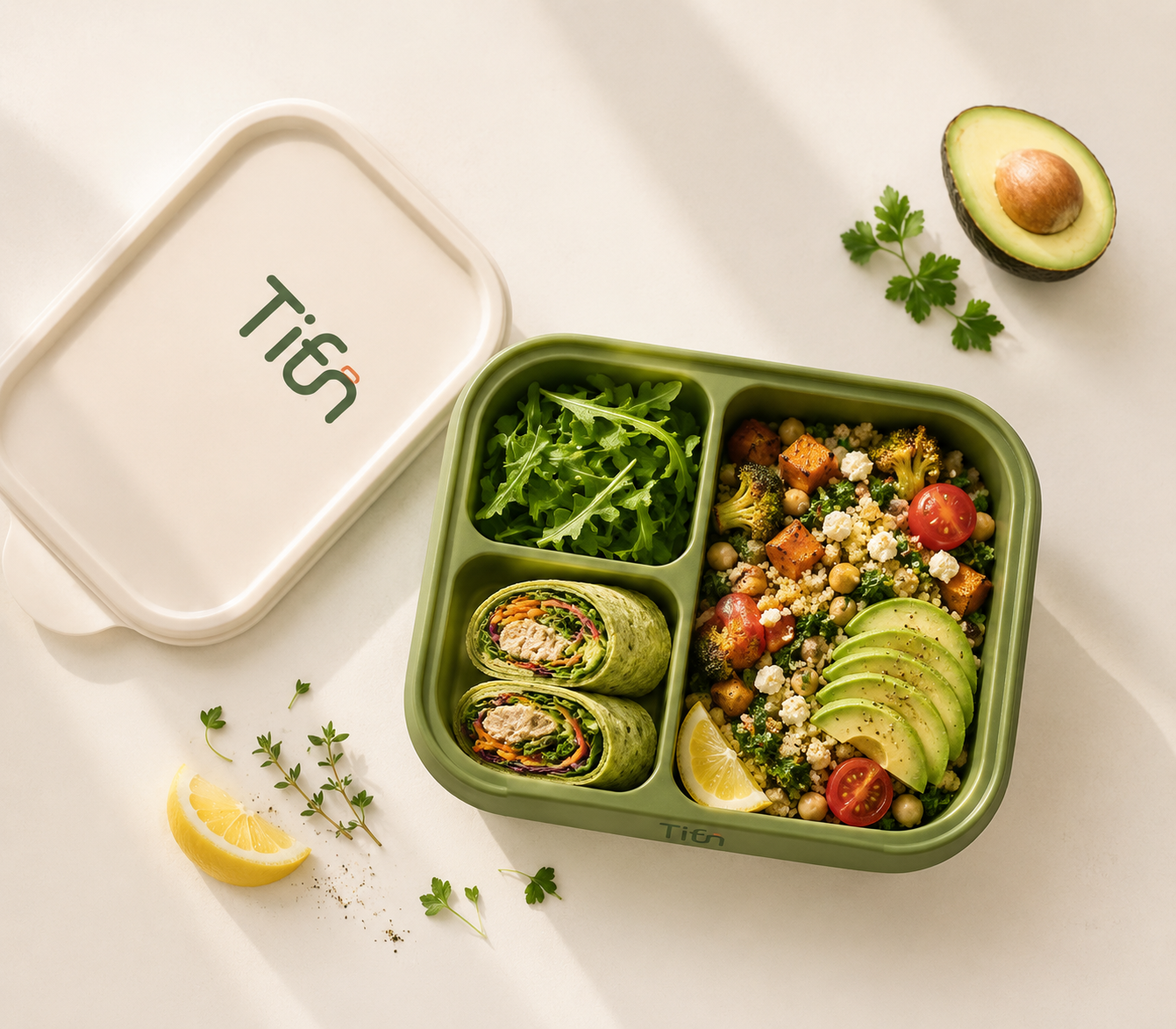 Overhead view of an open Tifn container with a fresh balanced meal